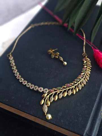 Jiva Leaf Motif Golden Elegance Necklace Set