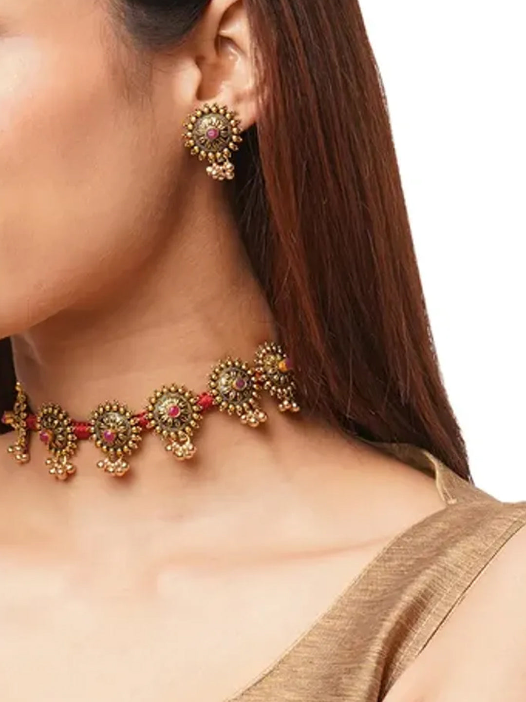 Gold-Toned Grace Floral Choker Set with Pearl Beads