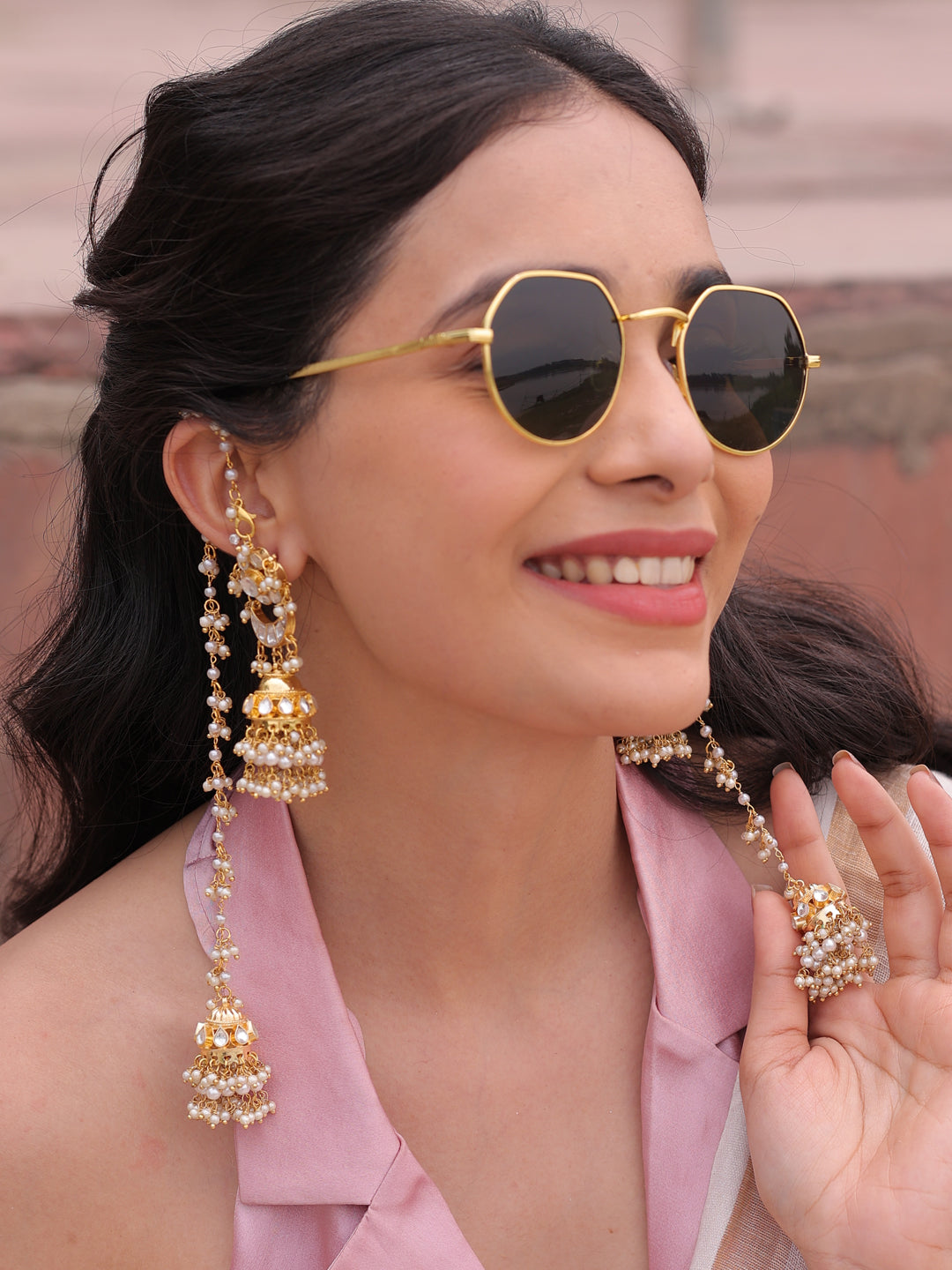 Anvitha Celestia Pachi Kundan Radiance Chain Earrings