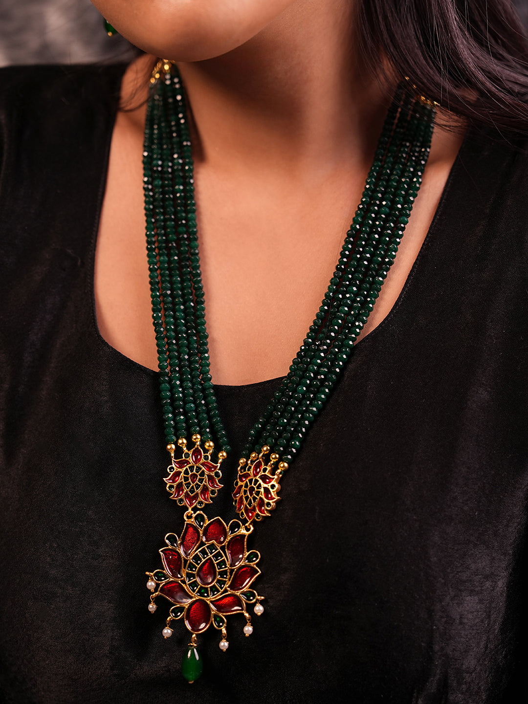 Rishika Emerald Beads Meenakari Necklace Set