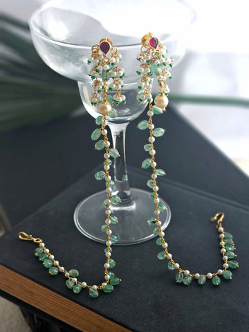 Mint Glow Pachi Kundan Earrings with Ear Chain