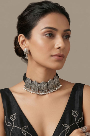 Women Oxidised Antique Silver Plated Studded Chocker