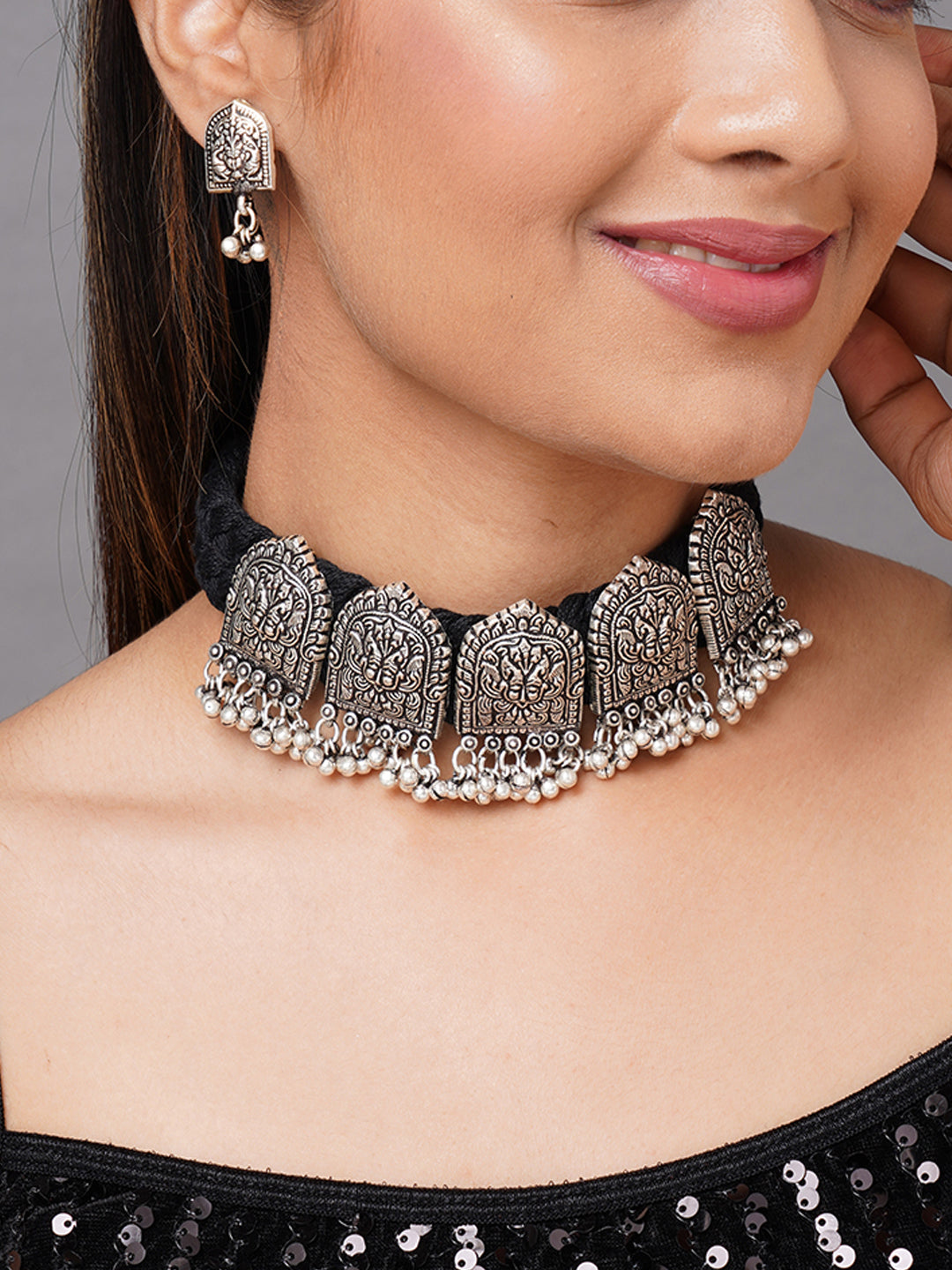 Women Oxidised Antique Silver Plated Studded Chocker