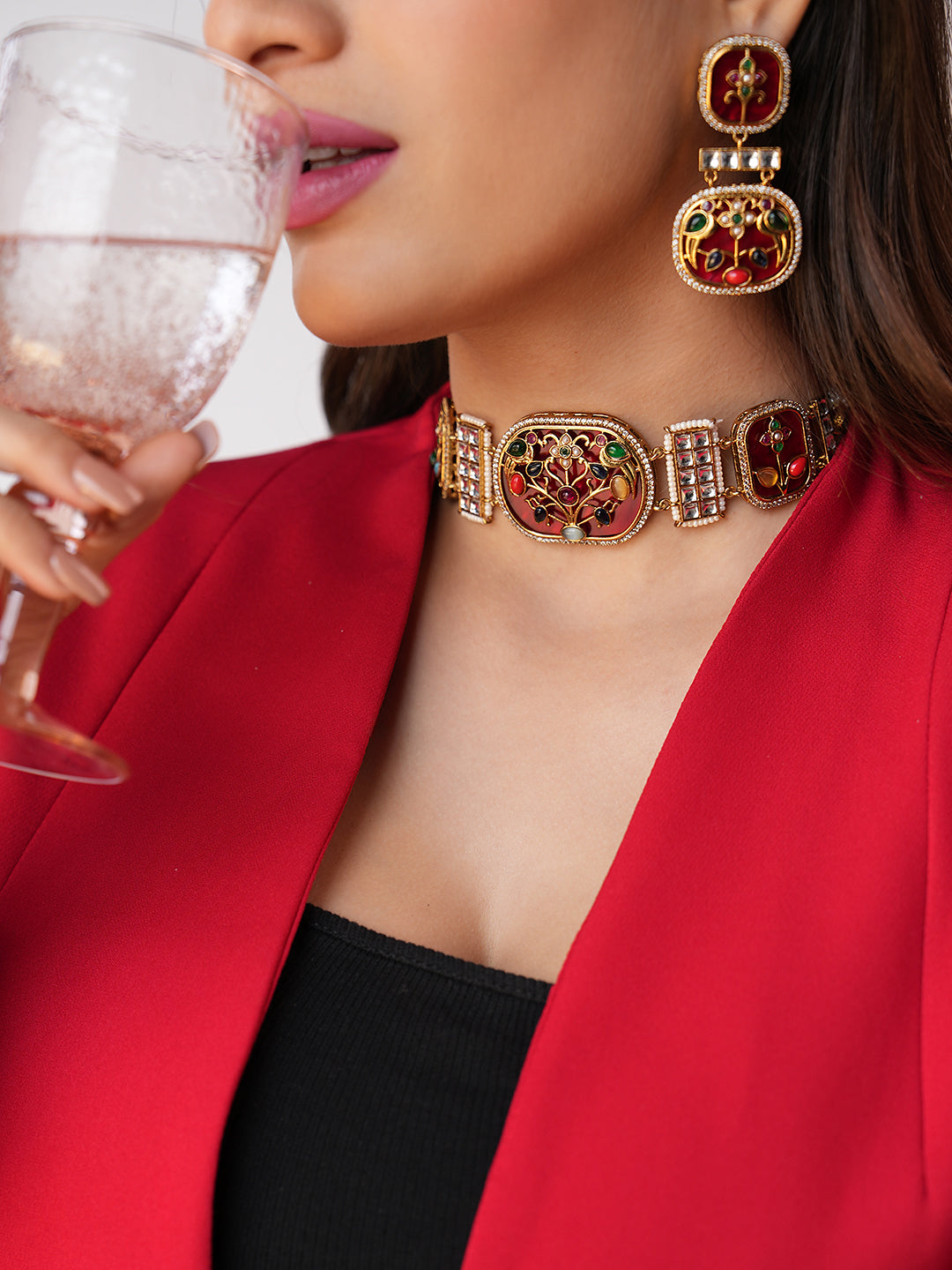 Tisha Handmade Red Meenakari Choker Set