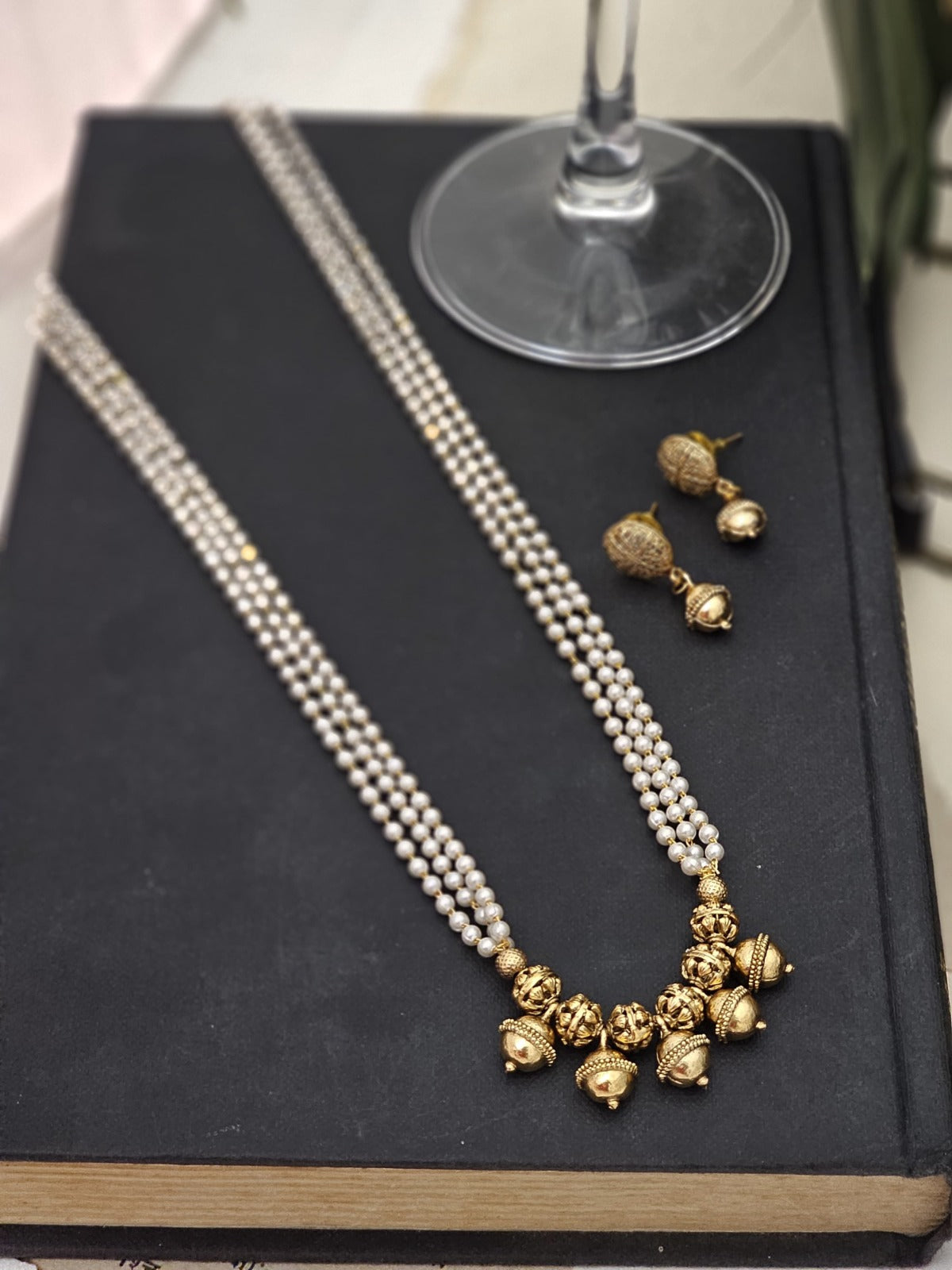 Eshanya Lustrous Gold and Pearl Long Necklace Set