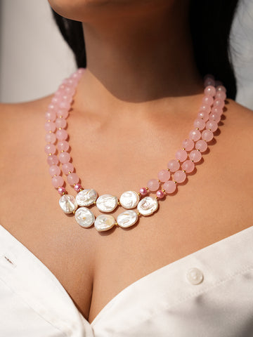 Aloria Elegant Double-Layered Rose Quartz & Mother-of-Pearl Necklace
