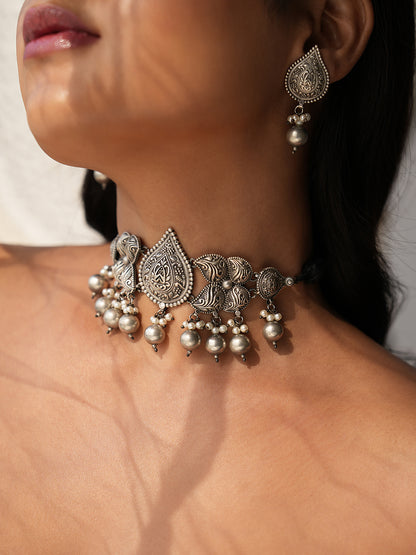 Aarohi Teardrop German Silver Choker Set