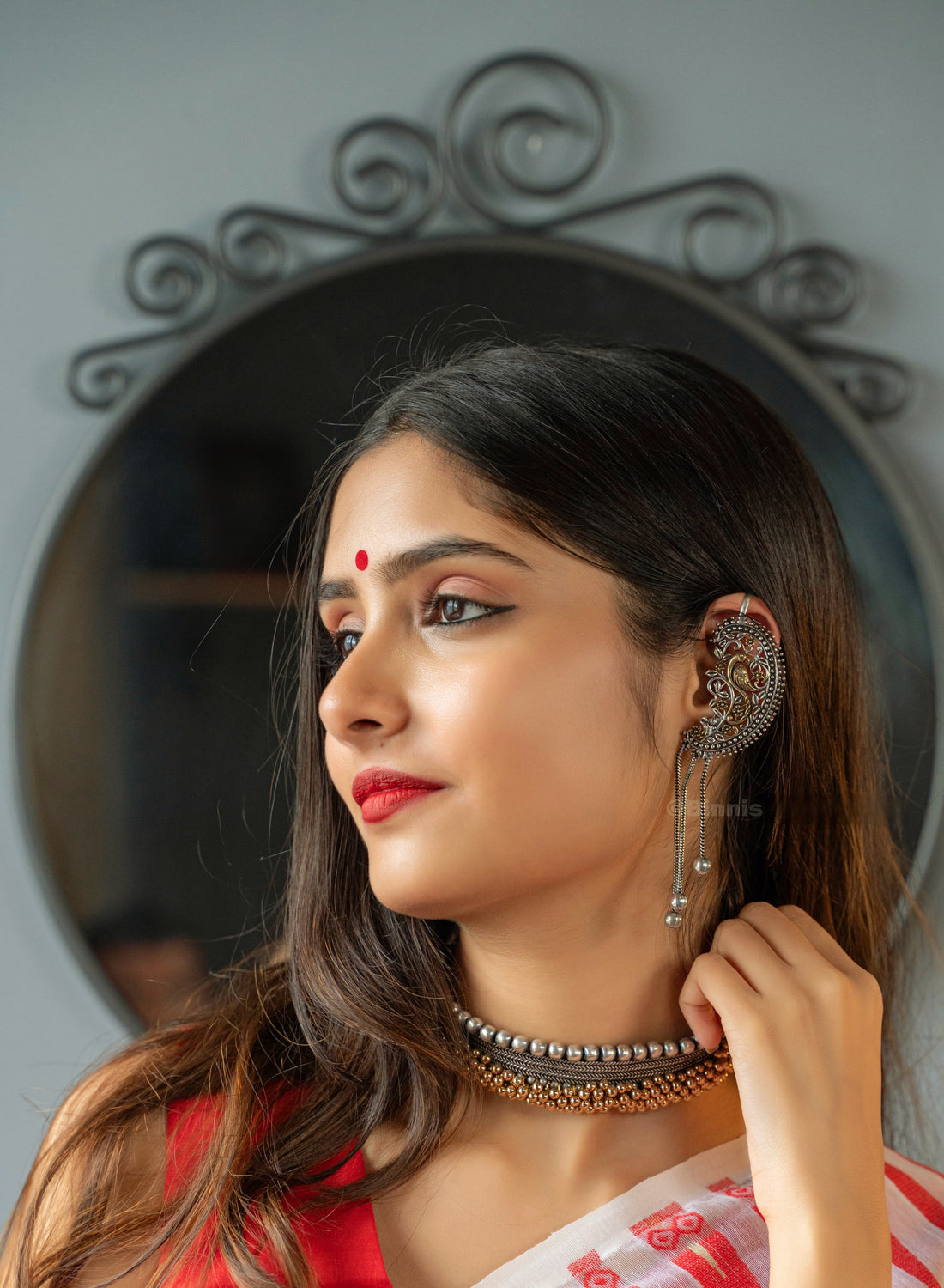 Madhurima Silver and Golden Choker Set With Karnphool