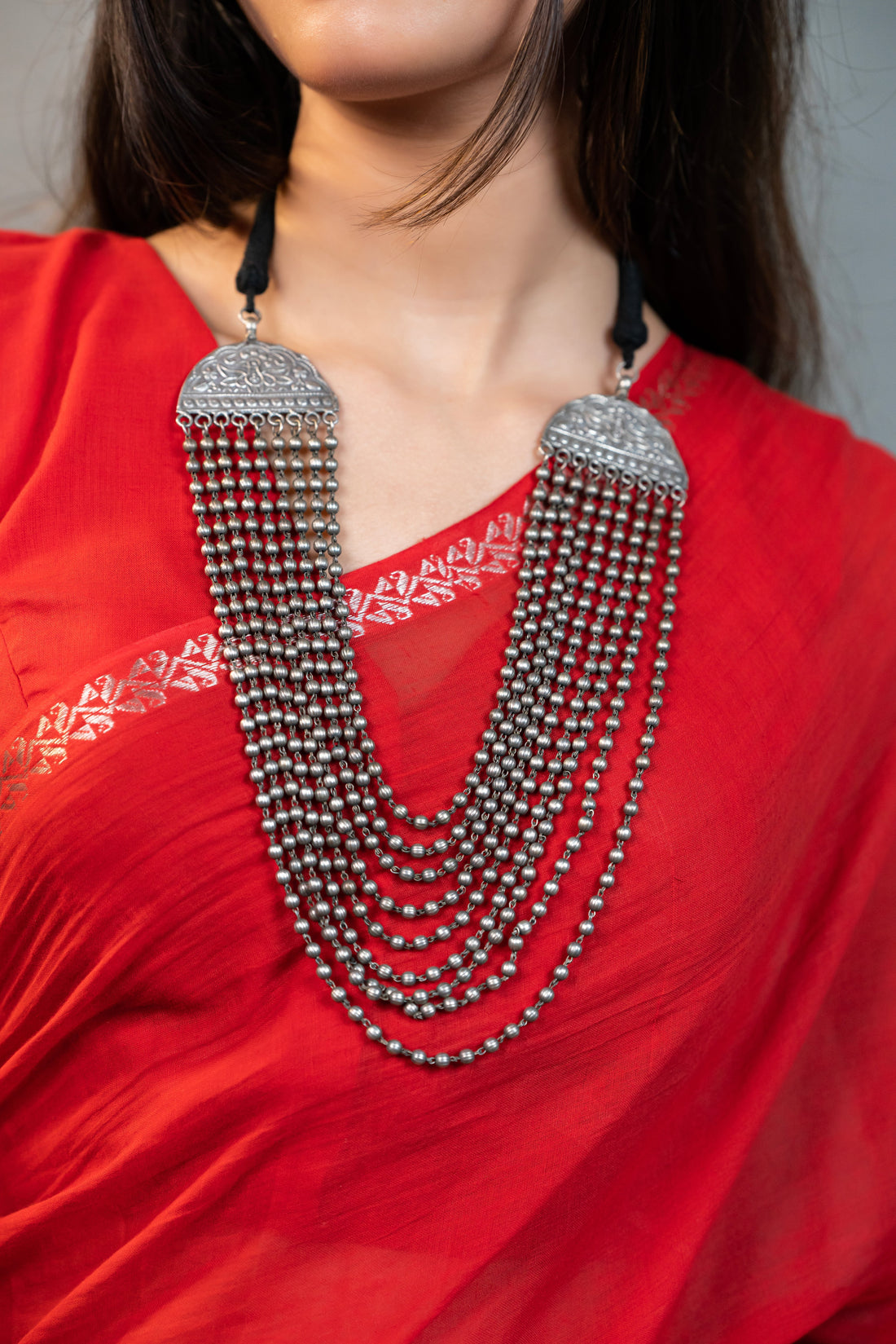 Multiple Layer German Silver Necklace with Beaded Chains