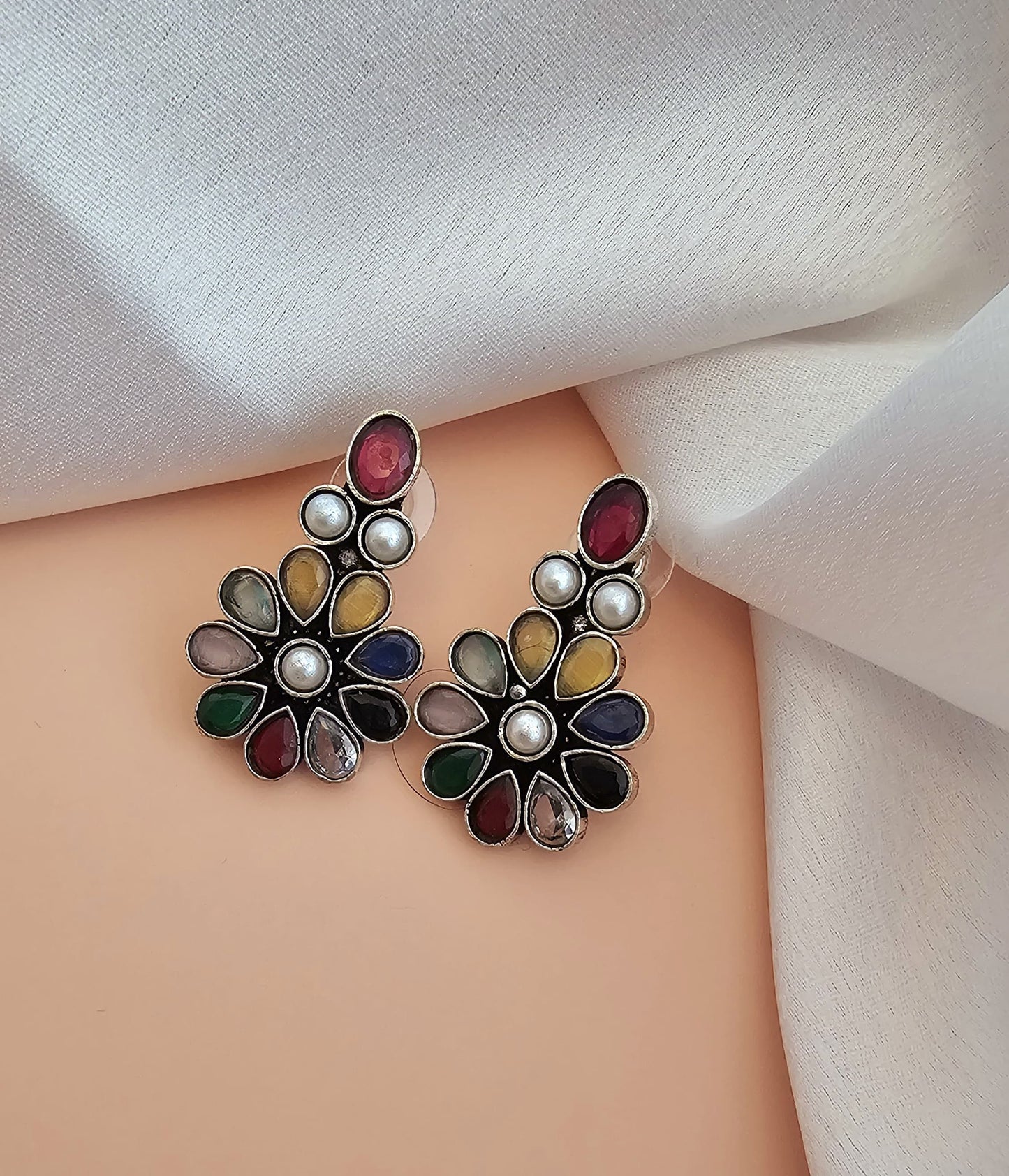 Binnis Wardrobe German Silver Antique Multi color Flower Stud