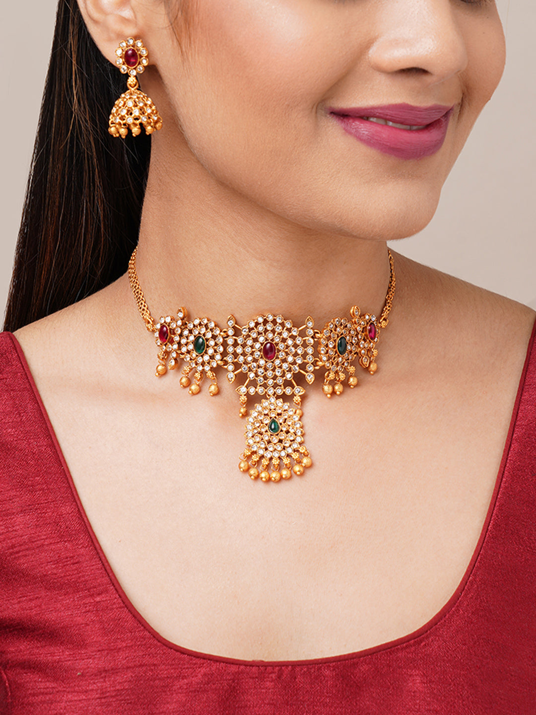 Mani Intricate AD Studded Choker Necklace with Jhumka Earrings
