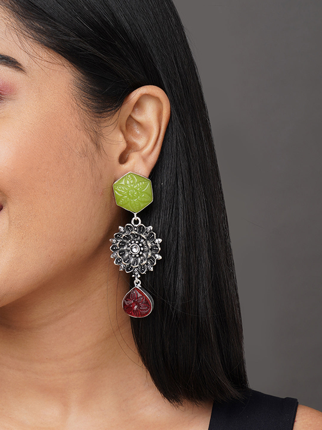 Silver plated german silver green drop earring