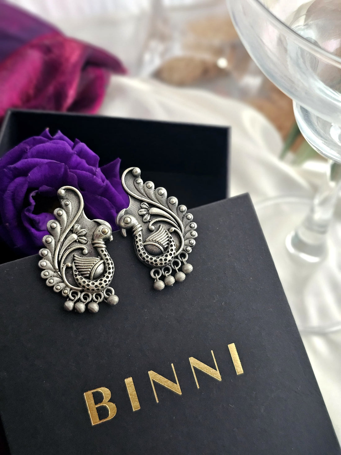 German Silver Peacock Shaped Earrings
