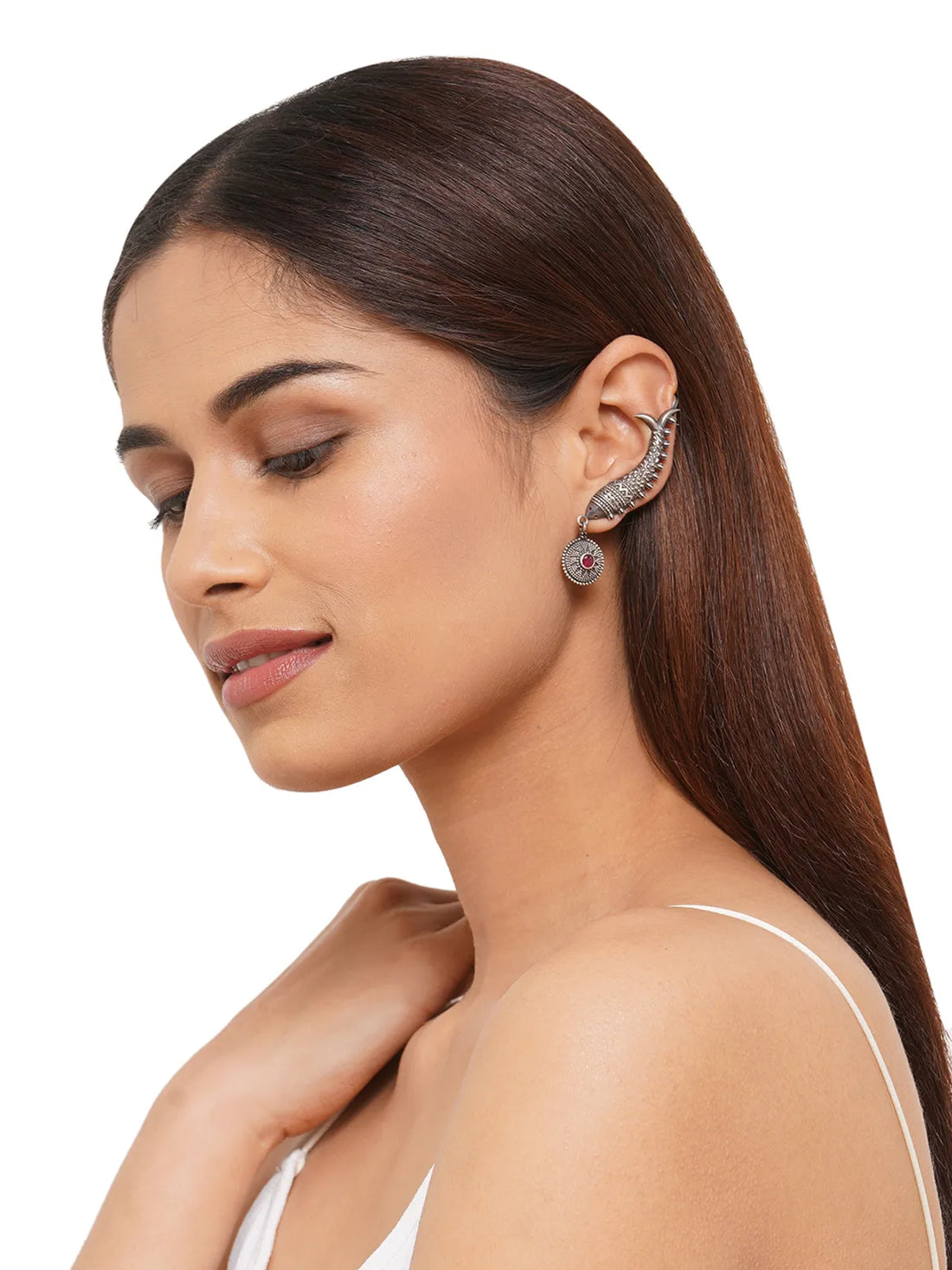 Meenadarshini Ethnic Silver-Plated Inverted Fish Earcuff