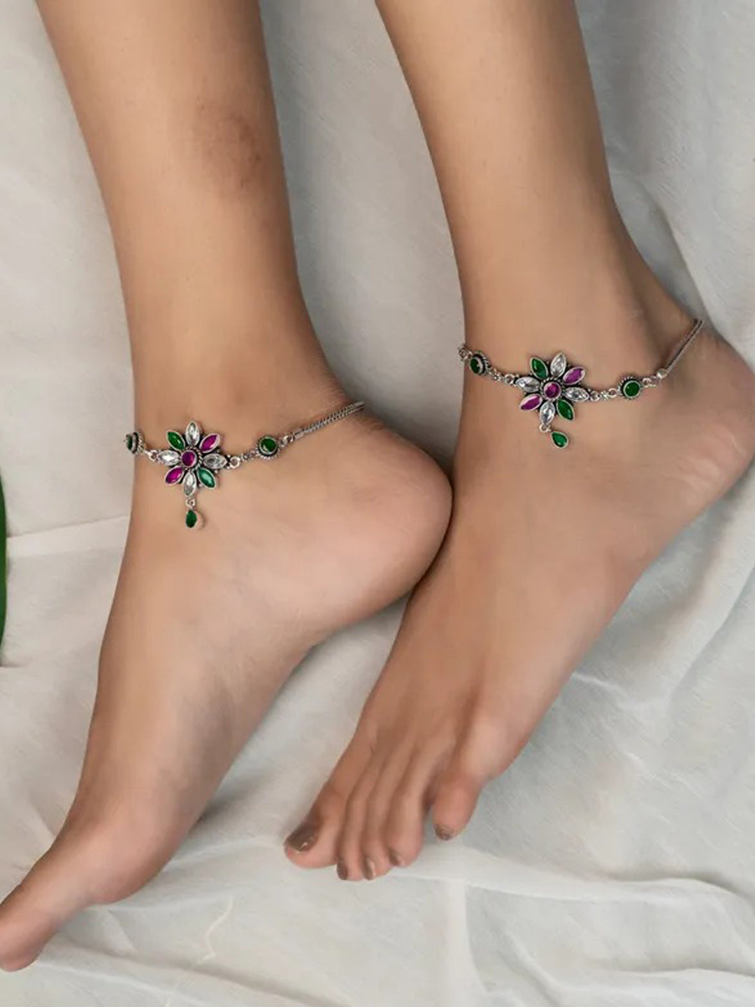 Radhika Moonlit Blossom German Silver Anklet