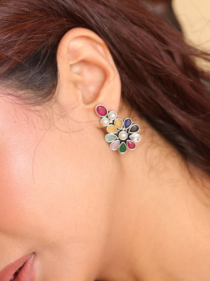 Binnis Wardrobe German Silver Antique Multi color Flower Stud