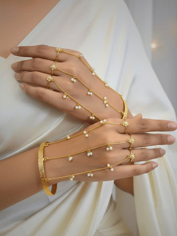 Pearl Linked Trio Hathphool Bracelet