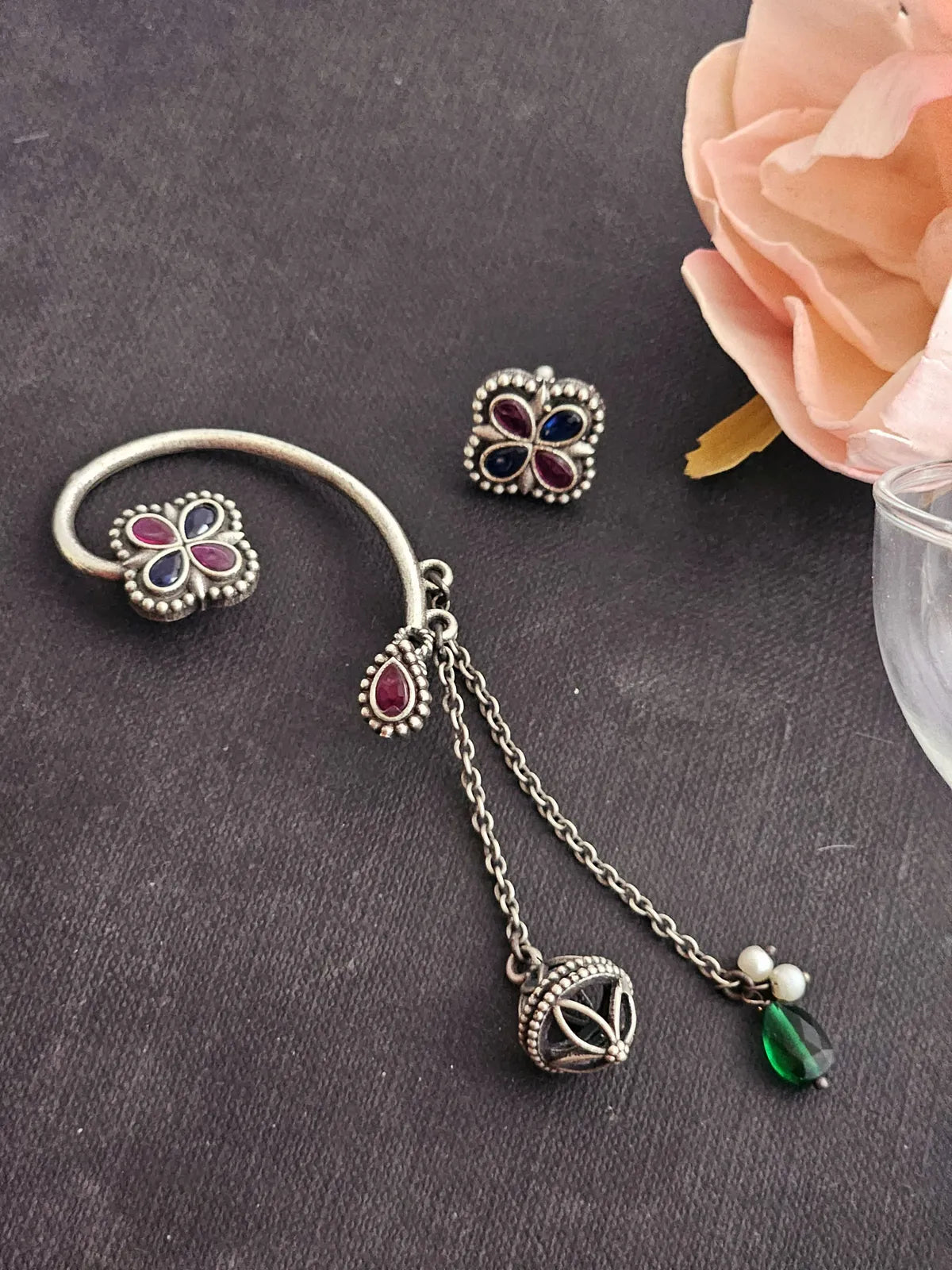 Mira Exquisite Timeless Floral Stud and Regal Ear-Cuff Earrings