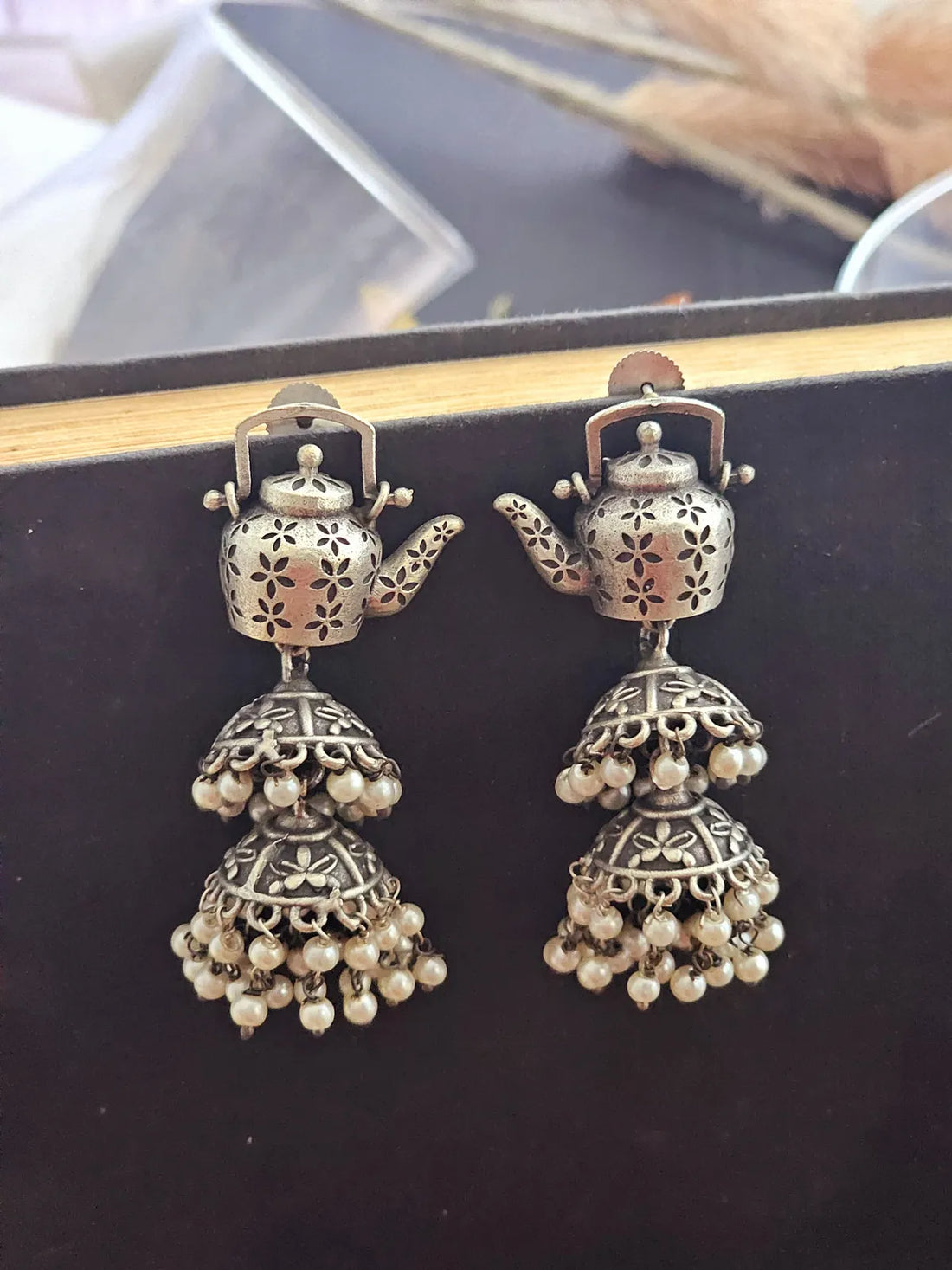 Sarvagina German Silver Teapot Double Jhumka Earrings