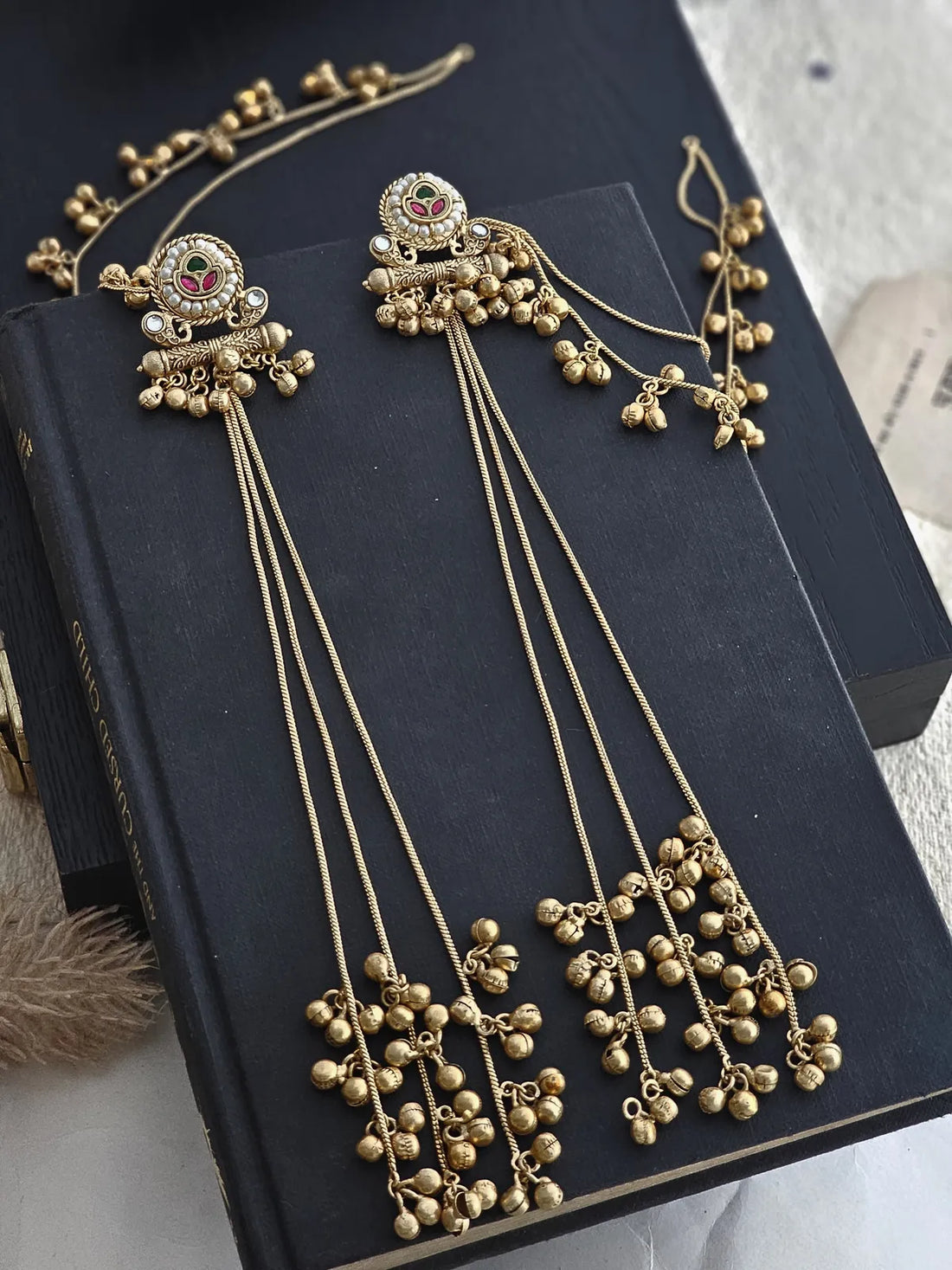 Apala Plating Long Ghunghroo Earring with ear chain