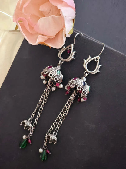 Jivika Multicolored Kundan Antique German Silver Jhumka Danglers