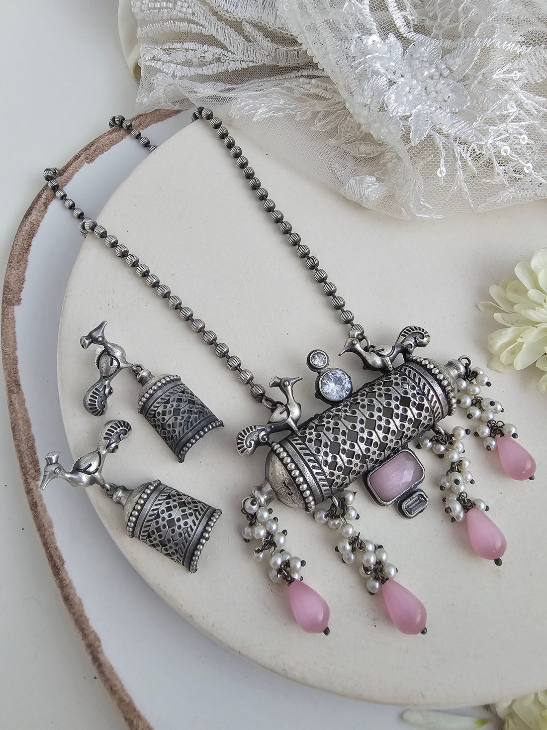 Silver plated long Pink pendant necklace set