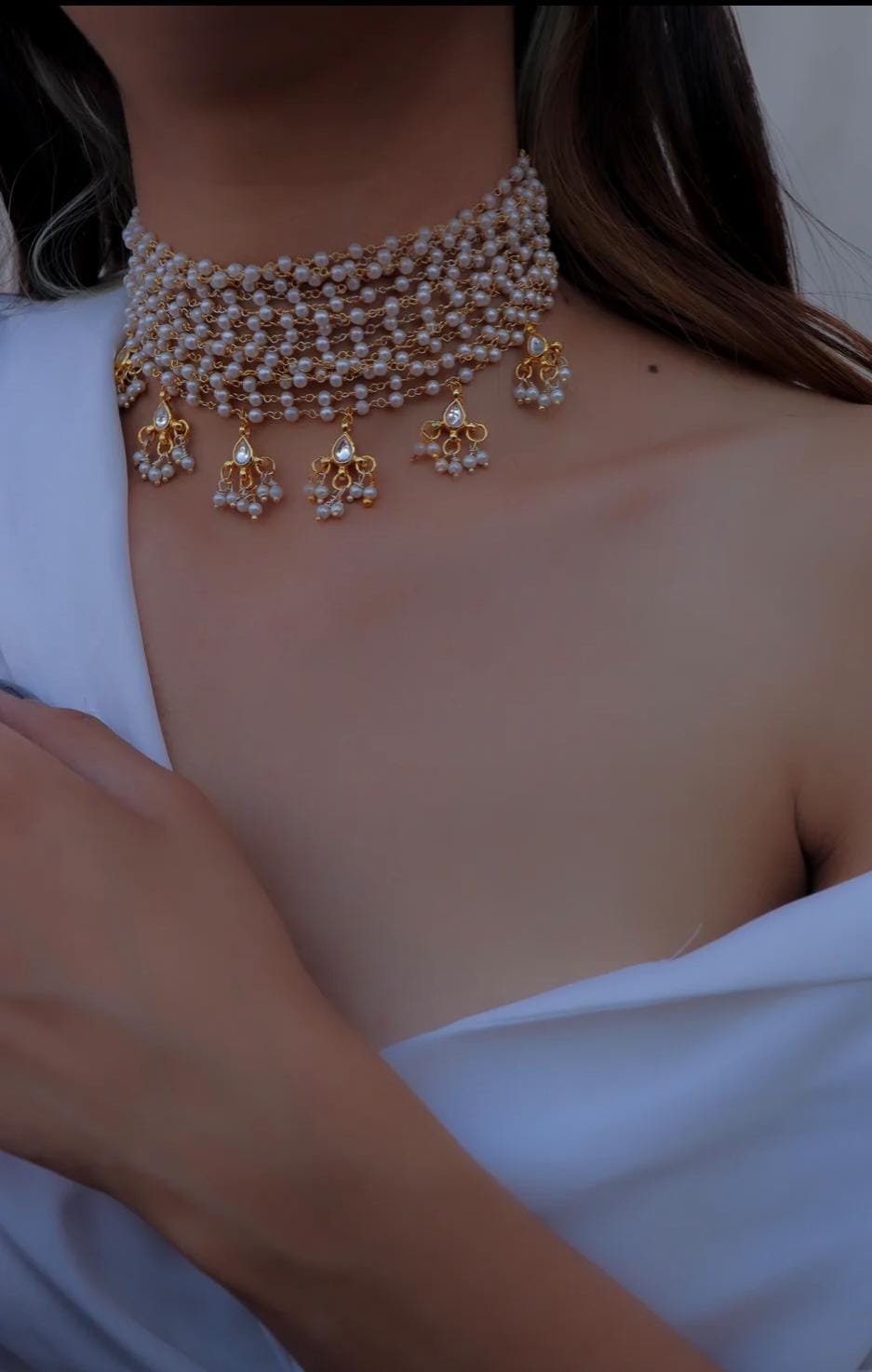 Varnika Layered Pearl Choker Necklace With Gold Beaded Pendants