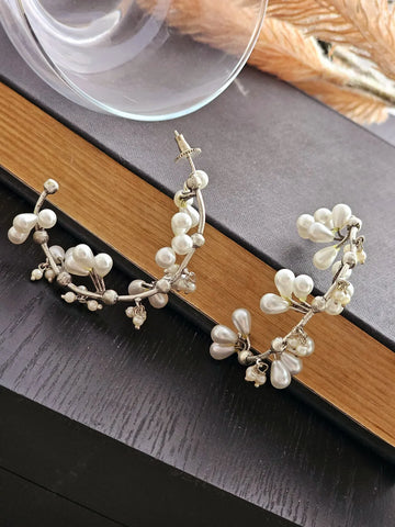 Lina Graceful Silver Toned Pearl Hoops