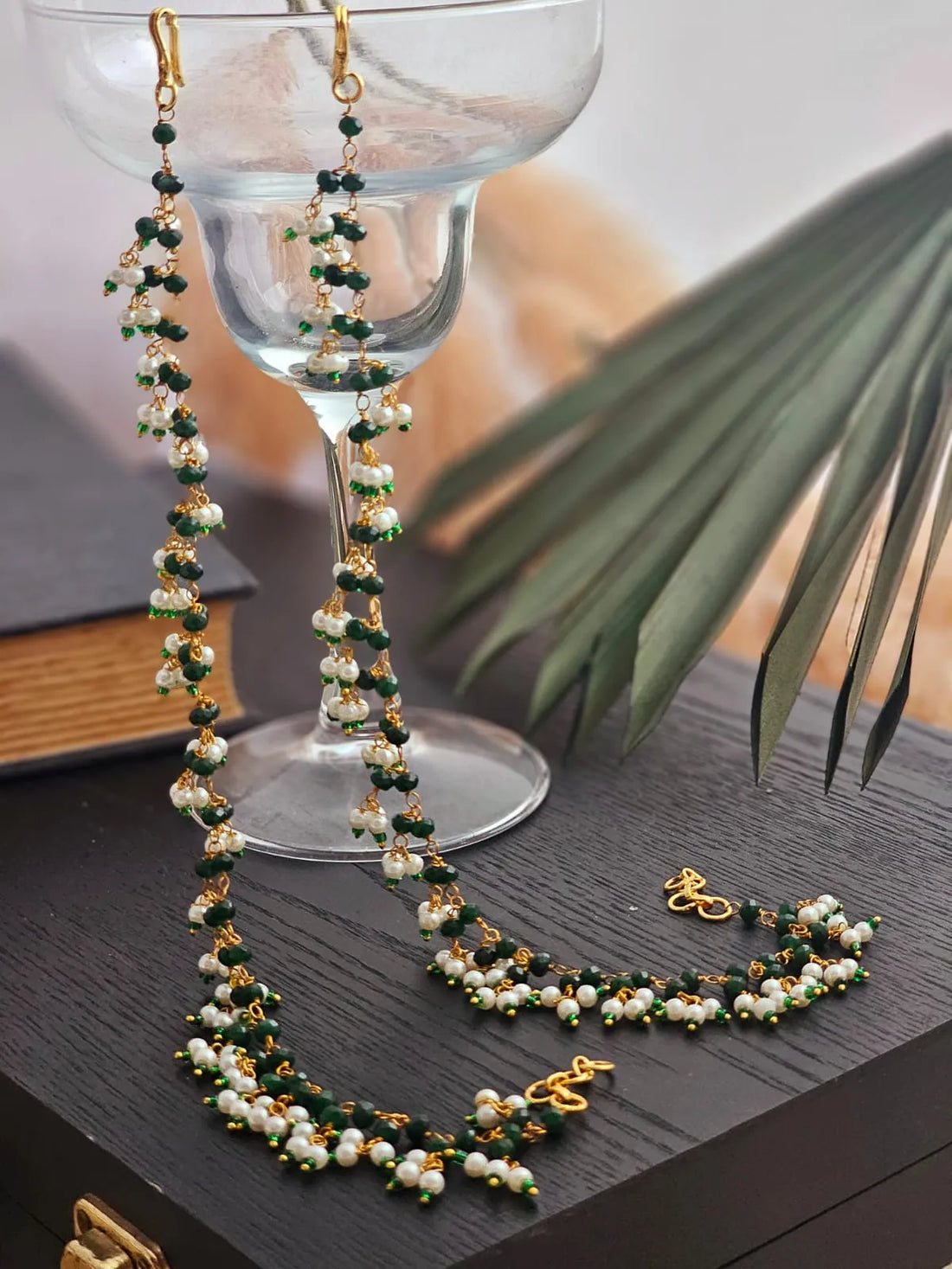 Arna Gold-Toned Pearl And Green Onyx Anklets
