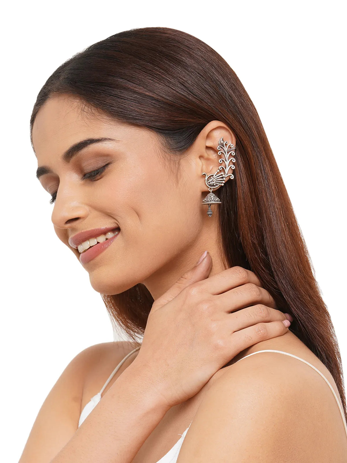 Pakhi Majestic Silver Peacock Ear-Cuff Jhumka