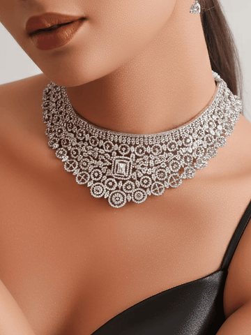 Silver Petal AD Necklace Set