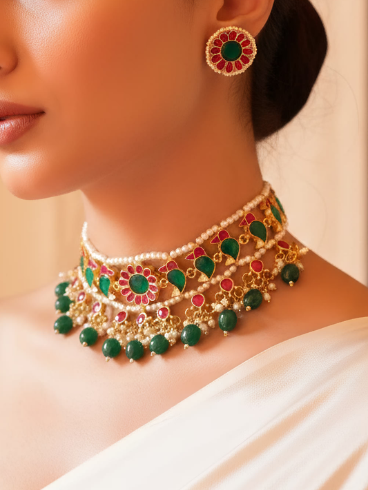 Regal Pachi Meena Blossom Necklace Set
