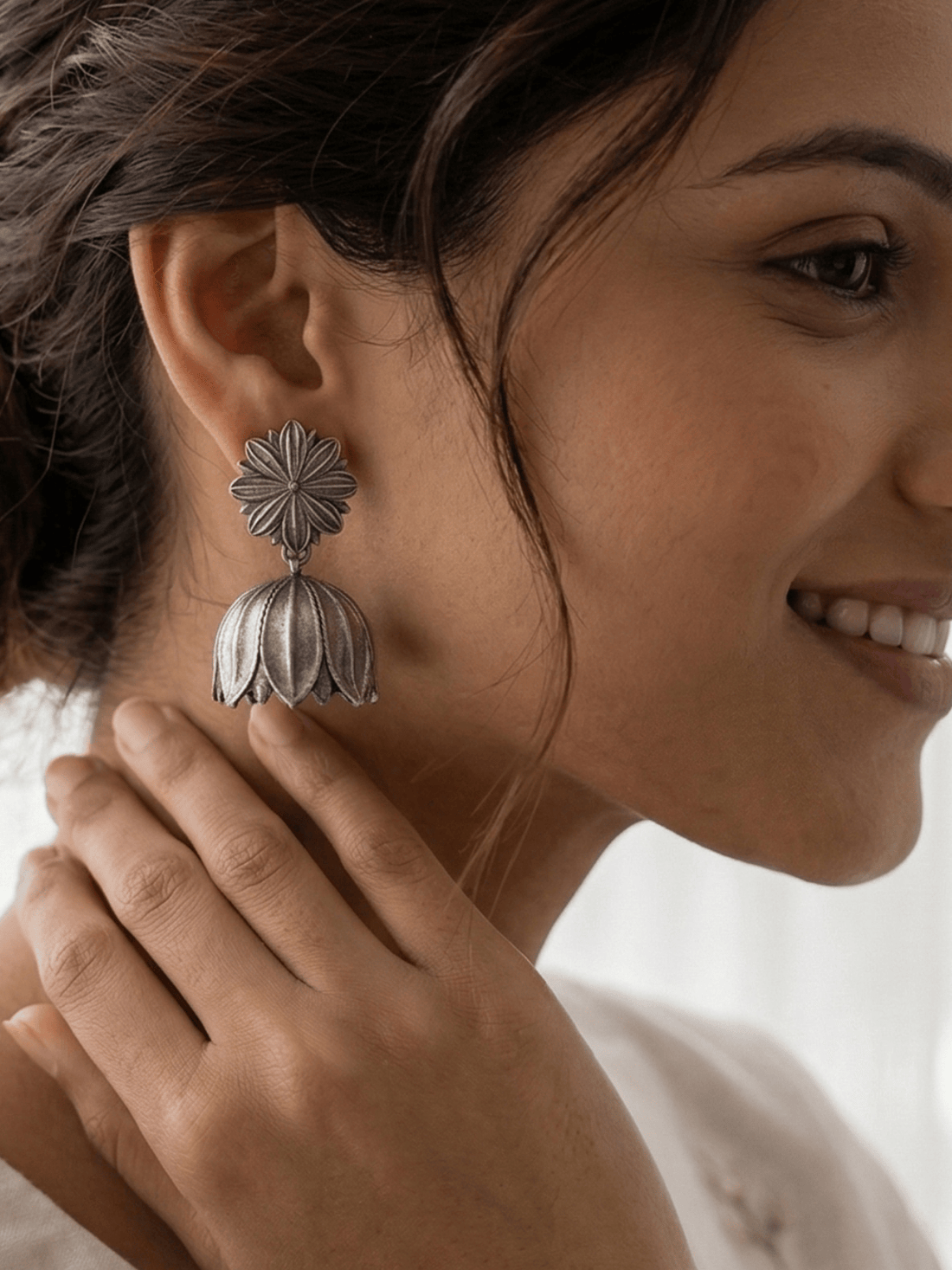 Silver-Toned Floral Jhumkas Earrings