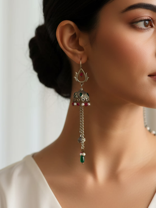 Jivika Multicolored Kundan Antique German Silver Jhumka Danglers