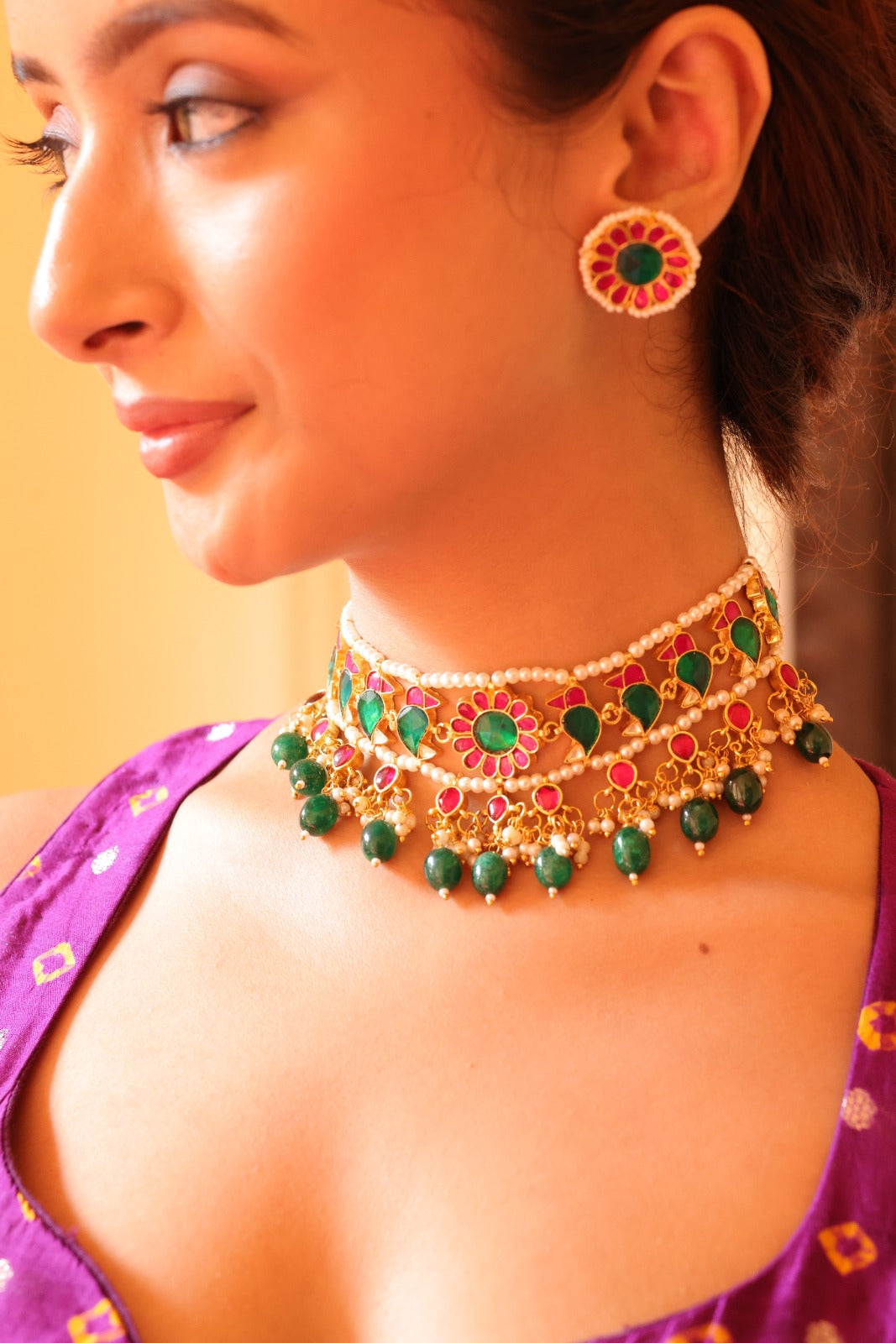 Regal Pachi Meena Blossom Necklace Set