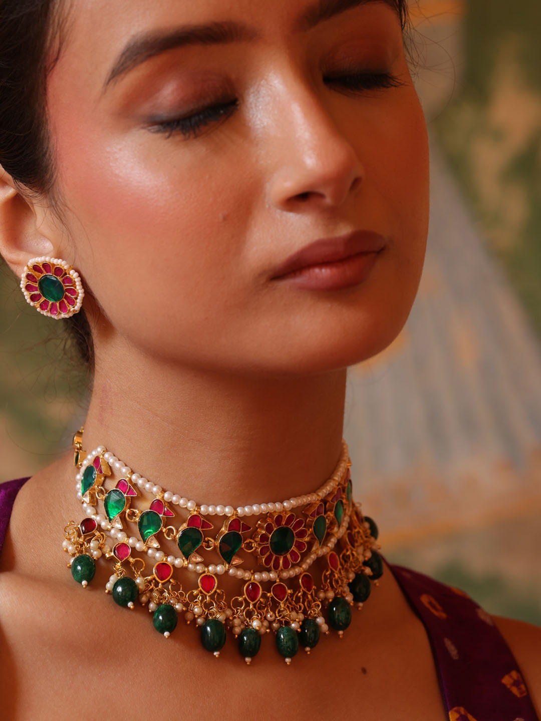 Regal Pachi Meena Blossom Necklace Set