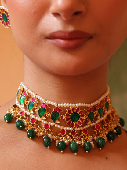 Regal Pachi Meena Blossom Necklace Set