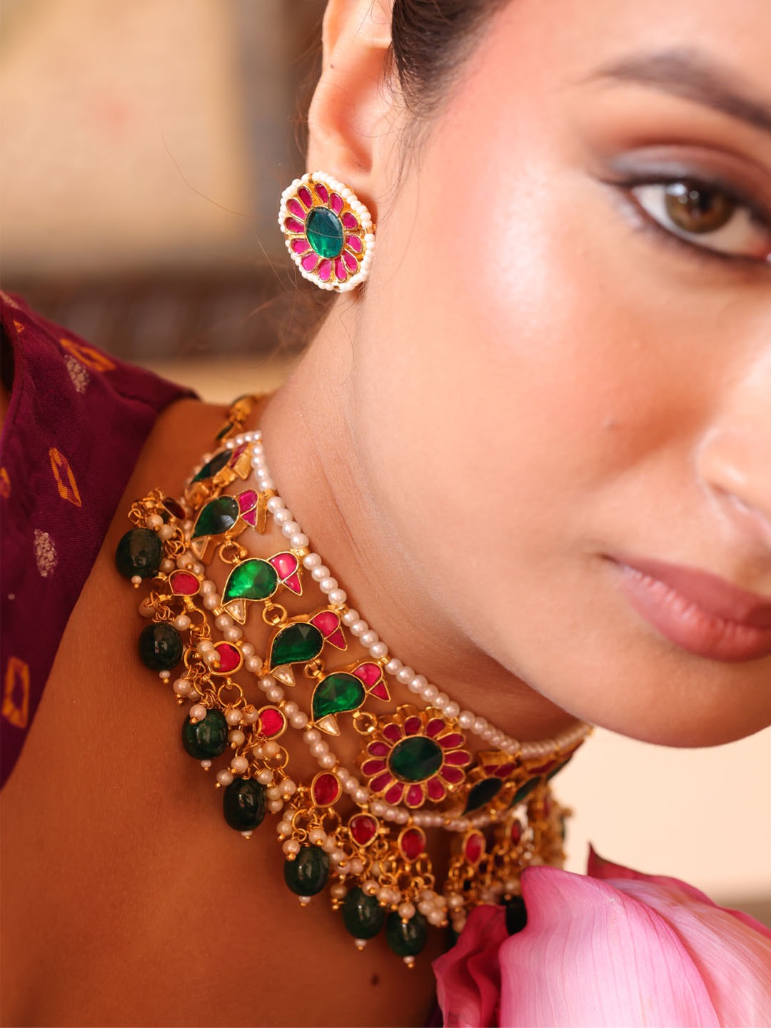 Regal Pachi Meena Blossom Necklace Set