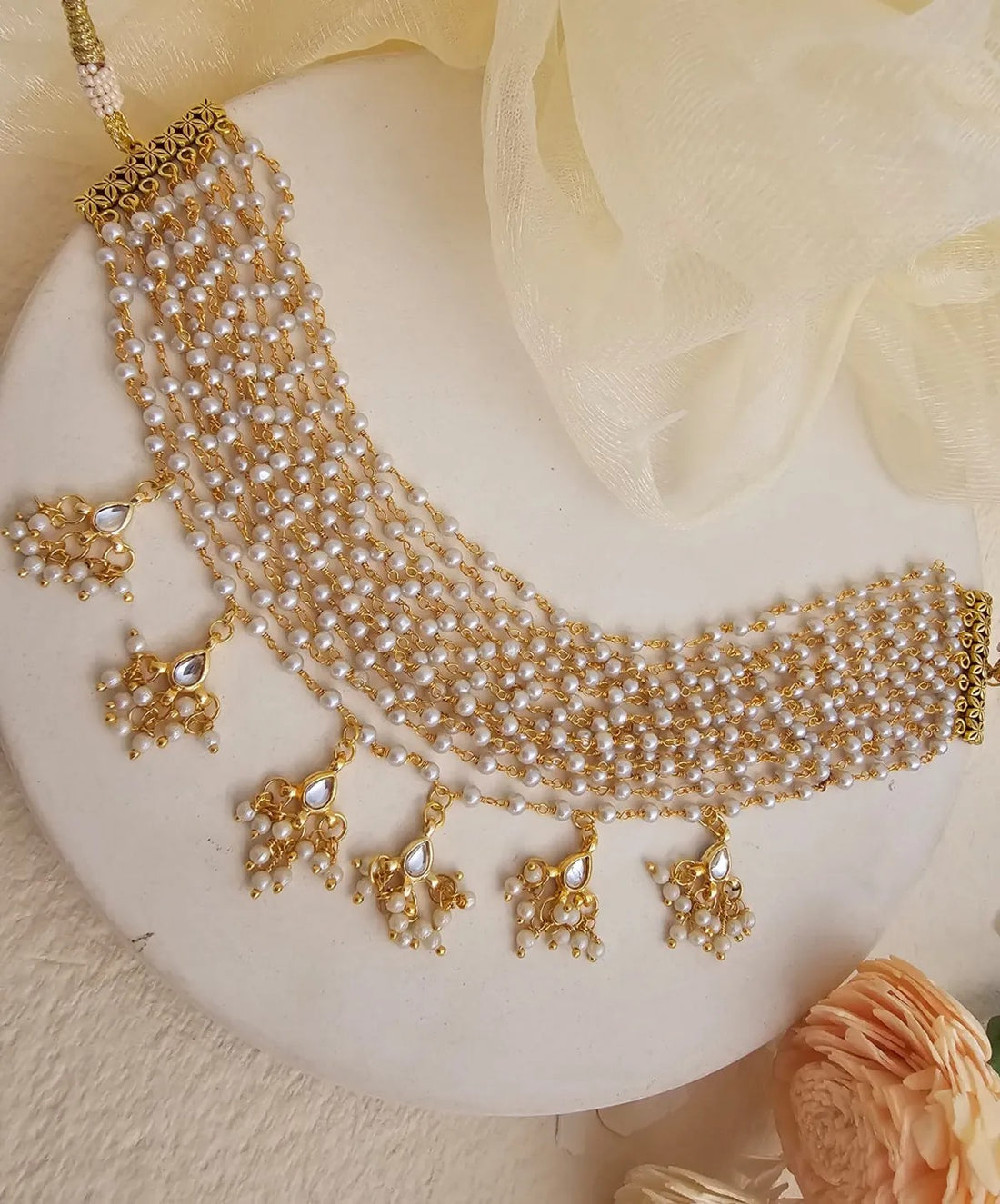 Varnika Layered Pearl Choker Necklace With Gold Beaded Pendants