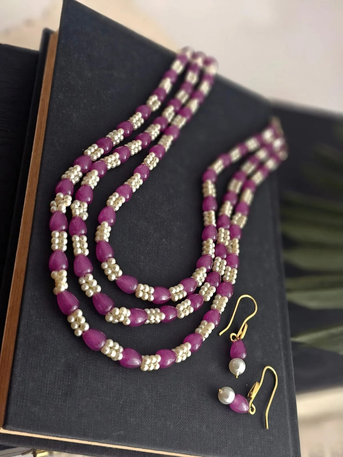 Vianna Tri-Layered Purple and White Beads Necklace Set