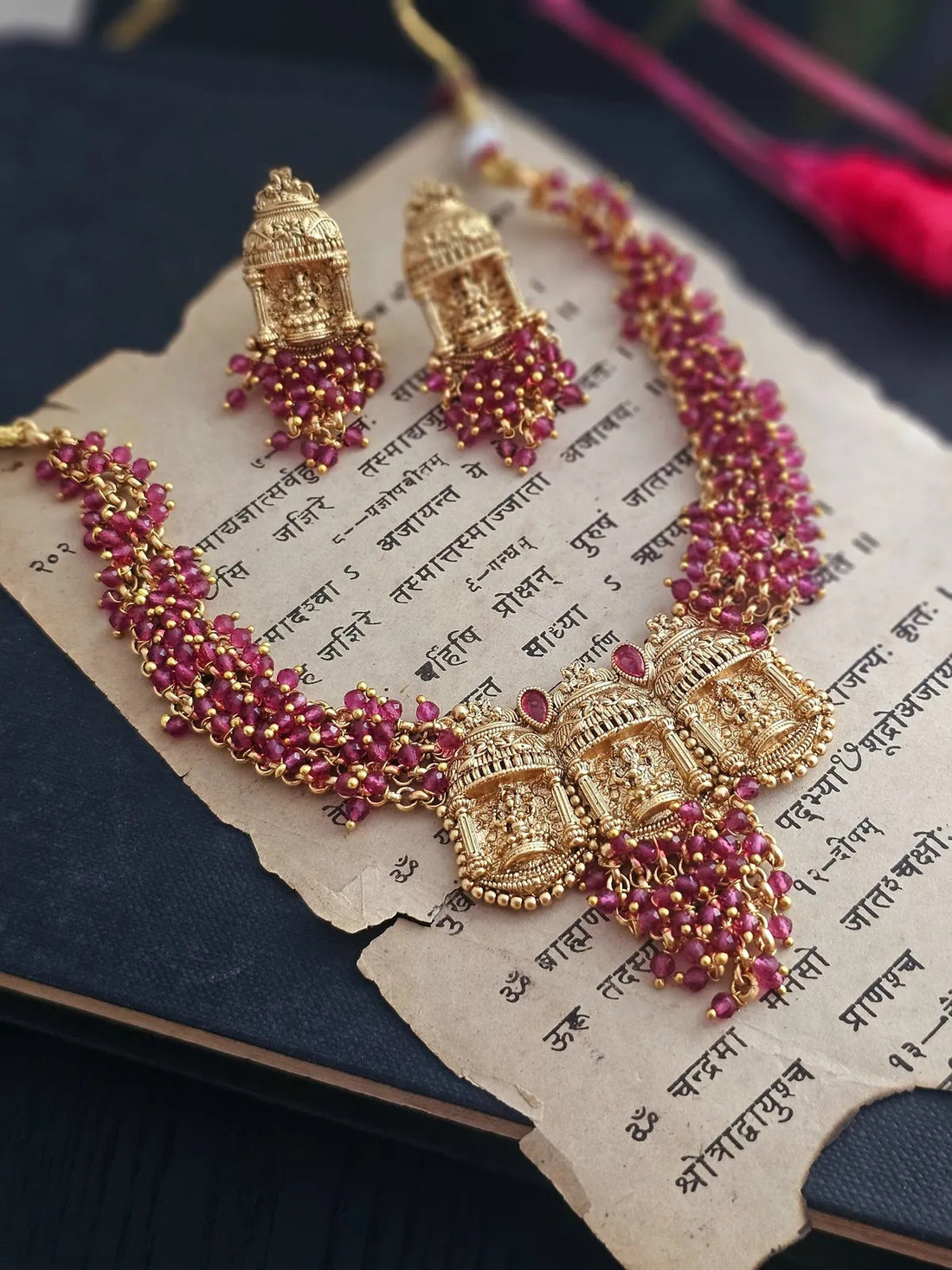 Golden Laxmi Rani Wine Beaded Necklace Set