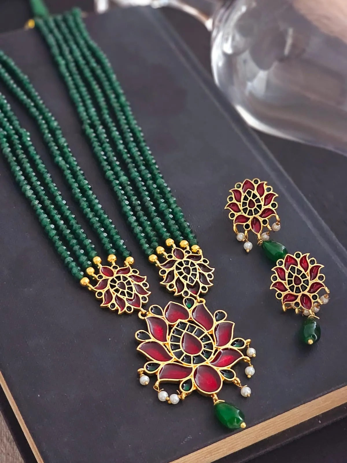 Rishika Emerald Beads Meenakari Necklace Set