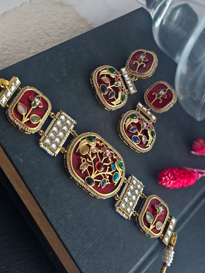 Tisha Handmade Red Meenakari Choker Set