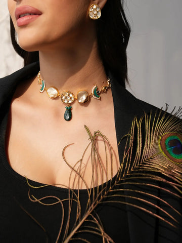 Riana Handmade Pachi Choker Set with Kundan Earrings