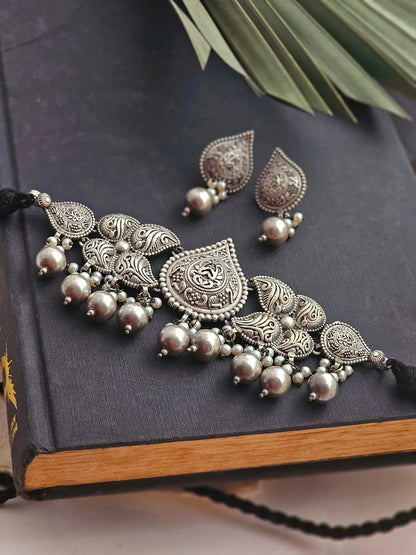 Aarohi Teardrop German Silver Choker Set