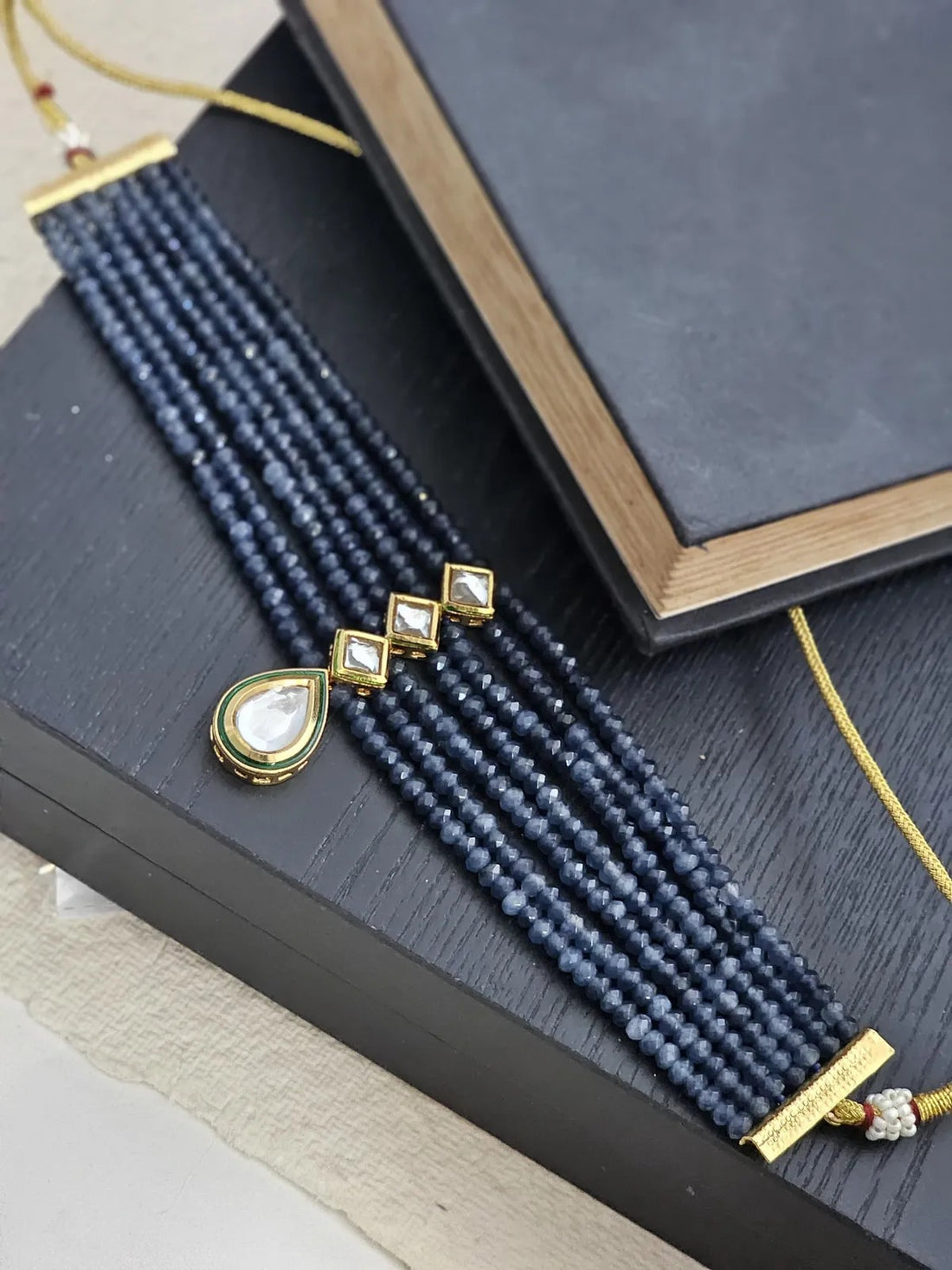 Radhika Navy Blue Beaded Choker With Elegant Kundan Centerpiece