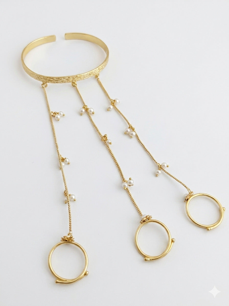 Pearl Linked Trio Hathphool Bracelet
