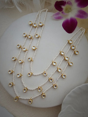 Three-Layer Pearl Beaded Necklace with Kundan Drops