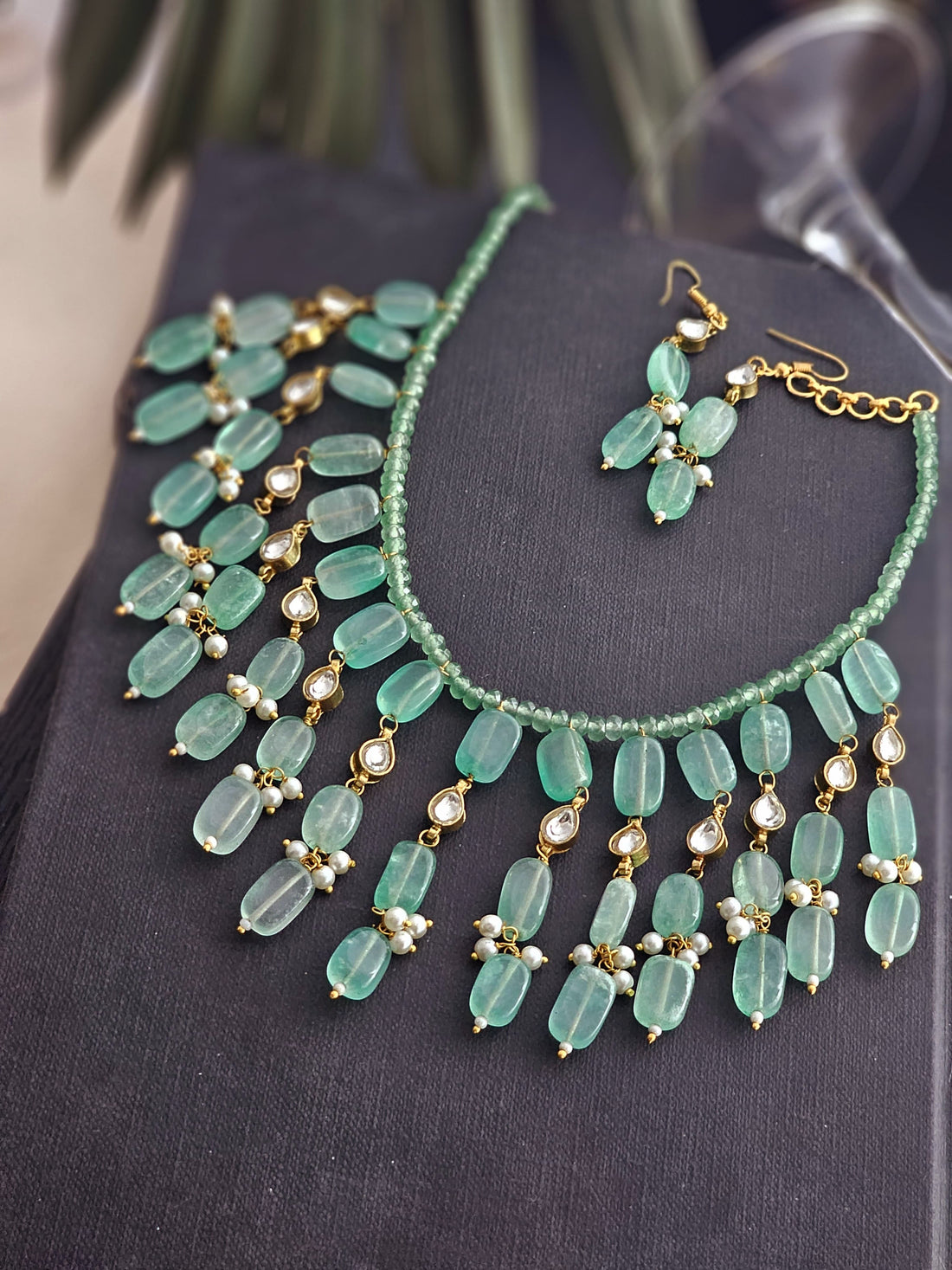 Gold plated long jade necklace
