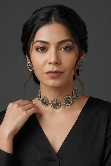 Golden choker necklace set with matching earrings